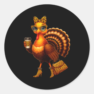 Leopard Turkey Drinking Coffee Thanksgiving Women Classic Round Sticker