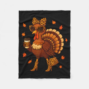 Leopard Turkey Drinking Coffee Thanksgiving Women  Fleece Blanket