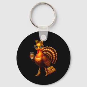 Leopard Turkey Drinking Coffee Thanksgiving Women  Keychain