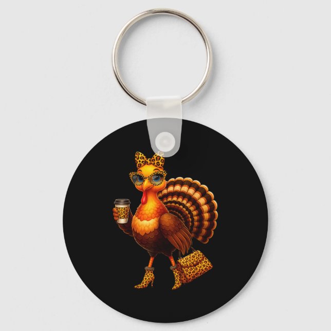 Leopard Turkey Drinking Coffee Thanksgiving Women  Keychain (Front)