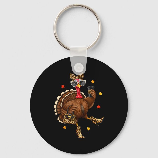 Leopard Turkey Drinking Coffee Thanksgiving Women  Keychain (Front)