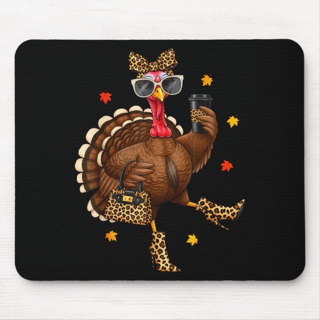 Leopard Turkey Drinking Coffee Thanksgiving Women  Mouse Pad (Front)