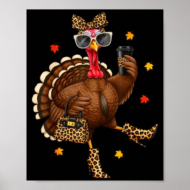 Leopard Turkey Drinking Coffee Thanksgiving Women  Poster (Front)