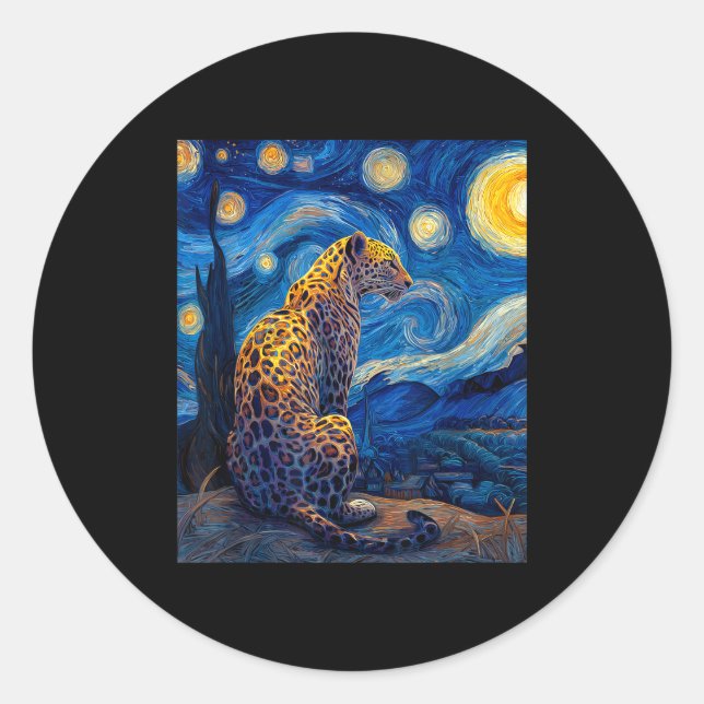 Leopard - Van Gogh Style Starry Night Funny Graphi Classic Round Sticker (Front)