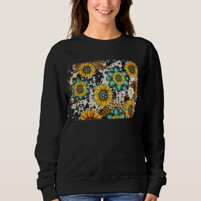 Leopard Western Rodeo Cowhide Gemstone Sunflower B Sweatshirt (Front)