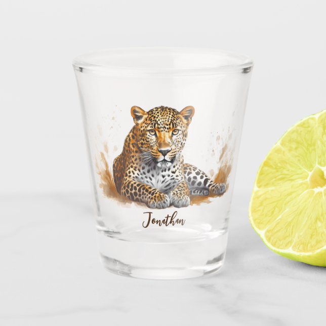 Leopard Wild Animal Portrait Personalized Name Shot Glass (Front)
