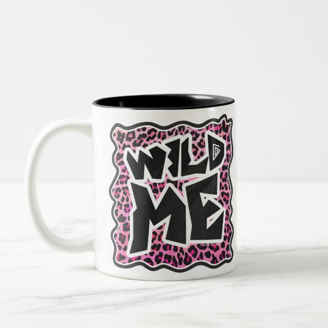 Leopard Wild Me Black and Hot Pink Design Two-Tone Coffee Mug (Left)