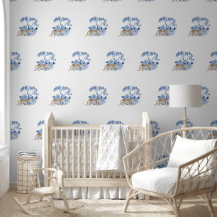 Leopard Willow Tree Chinoiserie Blue and White  Wallpaper