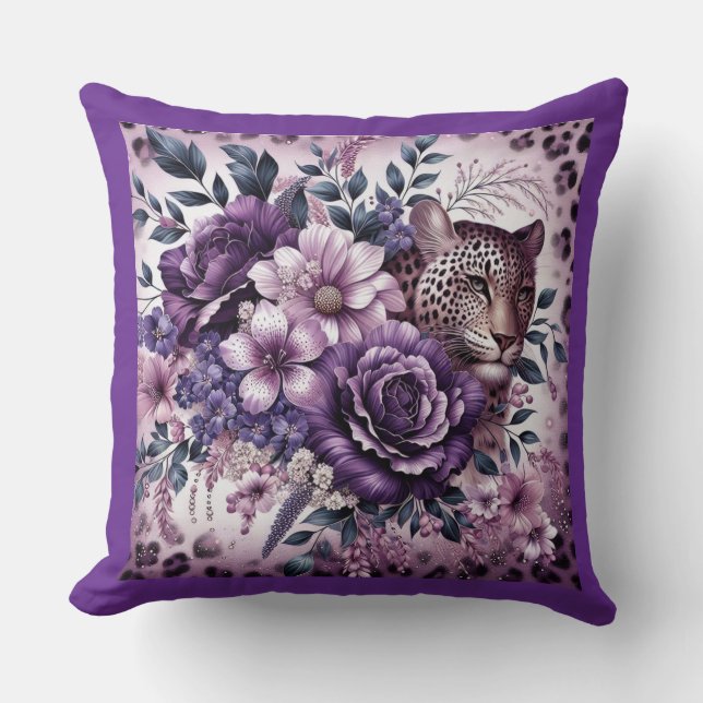 Leopard with Purple Flowers Throw Pillow (Front)