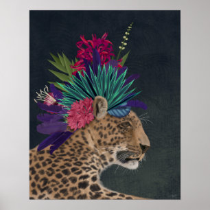 Leopard with Tropical Headpiece Poster