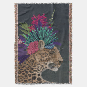 Leopard with Tropical Headpiece Throw Blanket
