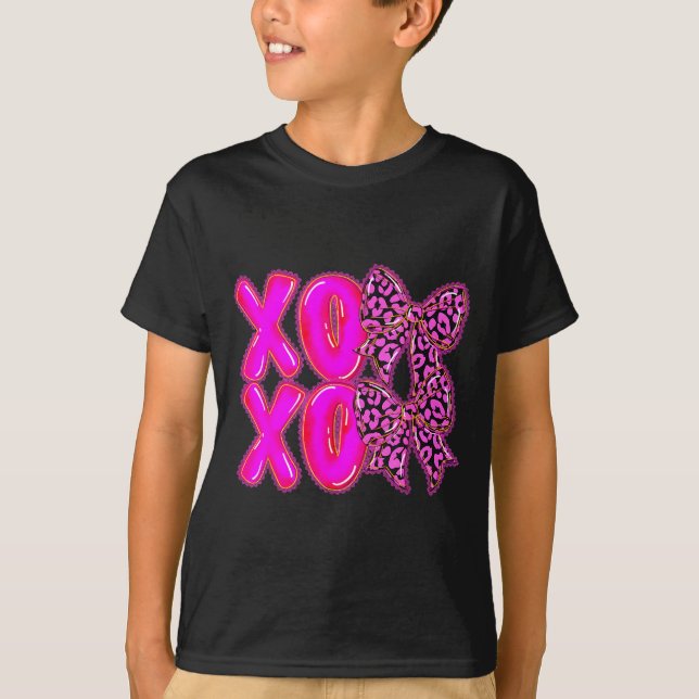 Leopard Xoxo Coquette Bow Hearts Valentine's Day W T-Shirt (Front)