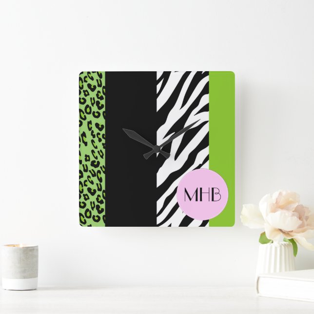 Leopard, Zebra, Animal Print, Green, Monogram Square Wall Clock (Home)