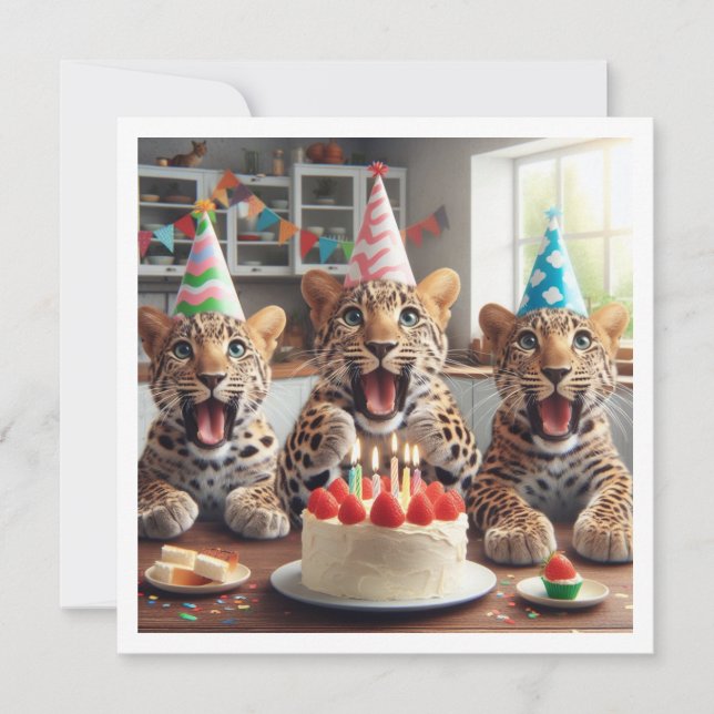 Leopards celebrating, leopard picture birthday invitation (Front)