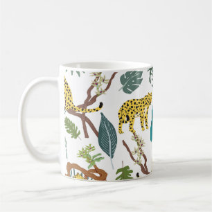 Leopards in jungle, hand-drawn pattern. coffee mug