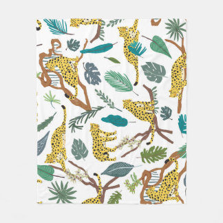 Leopards in jungle, hand-drawn pattern. fleece blanket