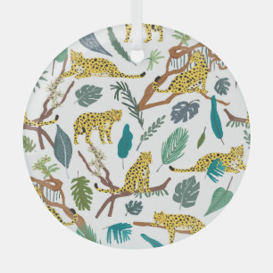 Leopards in jungle, hand-drawn pattern. glass ornament