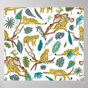 Leopards in jungle, hand-drawn pattern. poster