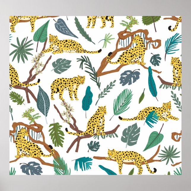 Leopards in jungle, hand-drawn pattern. poster (Front)