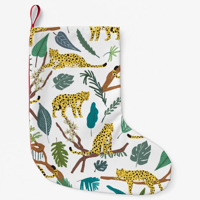 Leopards in jungle, hand-drawn pattern. small christmas stocking (Front)
