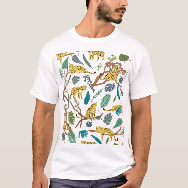 Leopards in jungle, hand-drawn pattern. T-Shirt (Front)