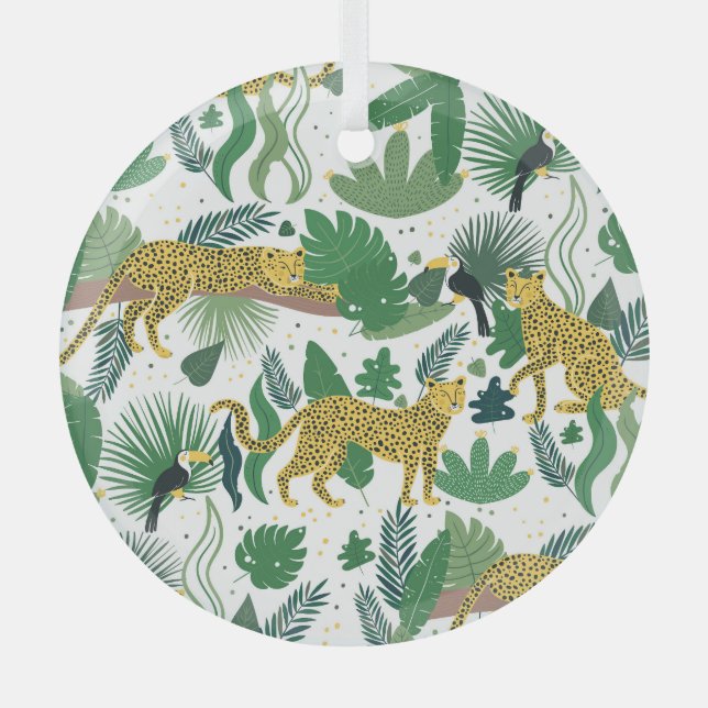 Leopards Jungle: Tropical Kids Seamless. Glass Ornament (Front)