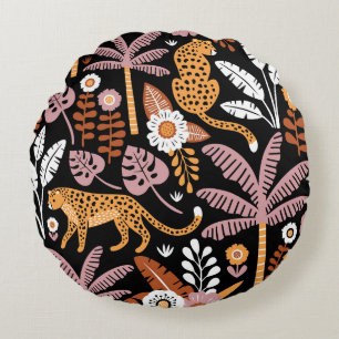 Leopards Palms Vintage Seamless Pattern Round Pillow