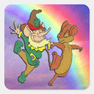 Leprechaun and Mouse Dancing with Rainbow Square Sticker