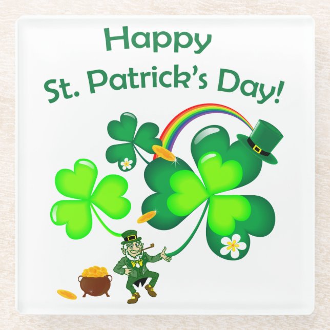 Leprechaun and Shamrock Glass Coaster (Front)