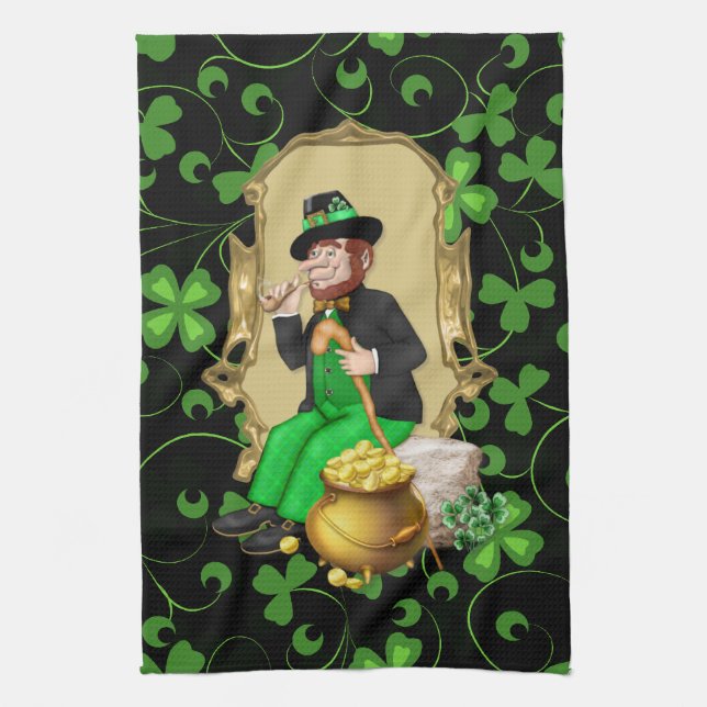 Leprechaun and Shamrocks Kitchen Towel (Vertical)