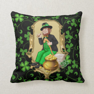 Leprechaun and Shamrocks Throw Pillow