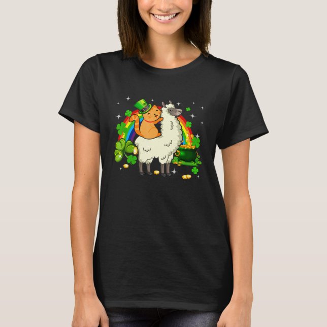 Leprechaun Cat Riding Llama Happy St Patricks Day T-Shirt (Front)
