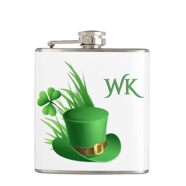  Leprechaun Clove Hat in Grass Monogram  Hip Flask (Front)