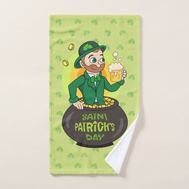 Leprechaun de dessin dans une casserole d'or tenan (Serviette à main)