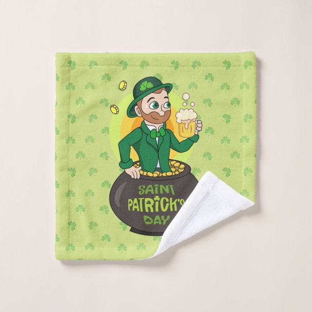 Leprechaun de dessin dans une casserole d'or tenan (Gant de toilette)