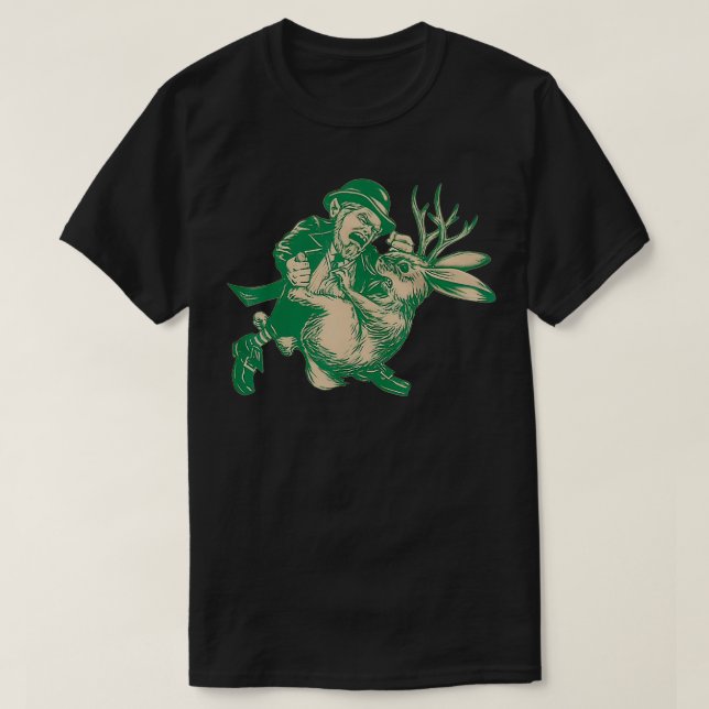 LEPRECHAUN Fighting JACKALOPE Funny Mythological B T-Shirt (Design Front)