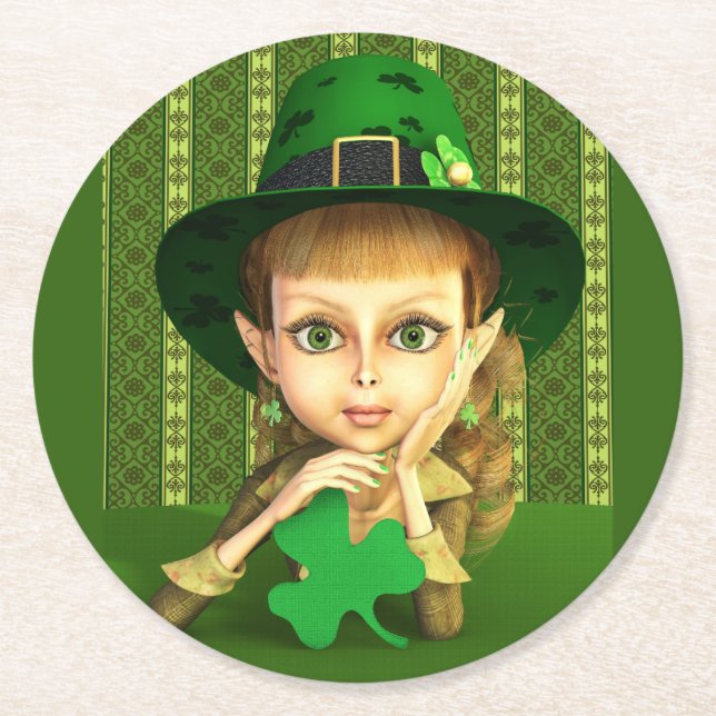 Leprechaun Girl St. Patrick's Day Paper Coasters (Front)