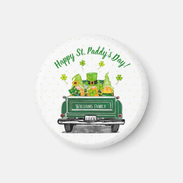 Leprechaun Gnome Vintage Truck St. Paddy's Day Magnet (Front)