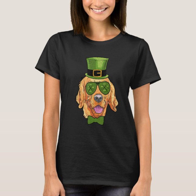 Leprechaun Golden Retriever Clover St Patricks Day T-Shirt (Front)