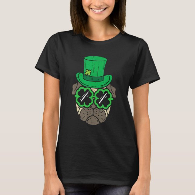 Leprechaun Hat Pug Shamrock Glasses St Patricks Da T-Shirt (Front)
