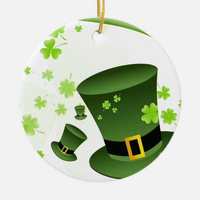 Leprechaun hats with 4 leaf clovers ceramic ornament (Front)