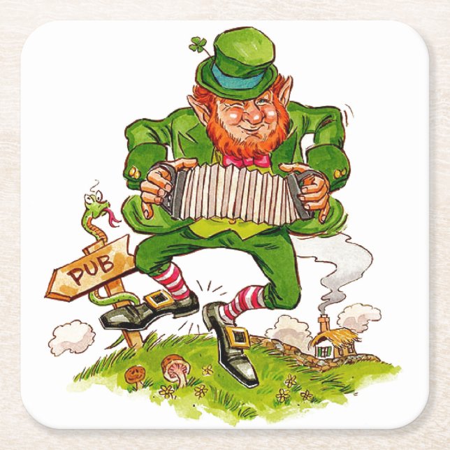 Leprechaun in Green, Happy Saint Patrick's Day Square Paper Coaster (Front)
