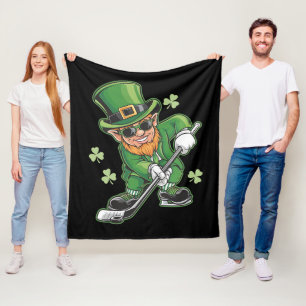 Leprechaun Playing Hockey St Patrick's Day Irish Fleece Blanket