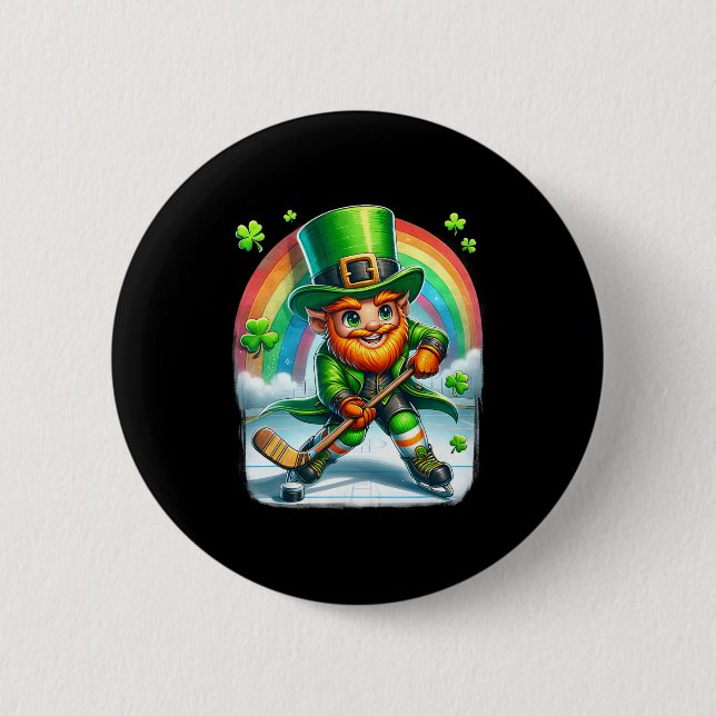 Leprechaun Playing Ice Hockey Saint Patricks Day  2 Inch Round Button (Front)