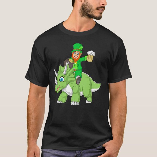 leprechaun riding Triceratops T-Shirt (Front)