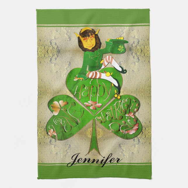 Leprechaun Shamrock "Happy St. Patrick's" Kitchen Towel (Vertical)