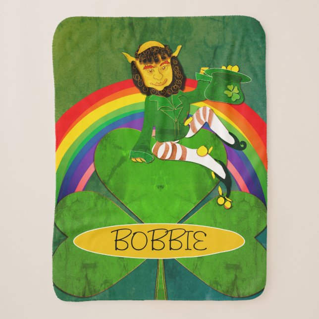 Leprechaun Shamrock & Rainbow Sherpa Blanket (Front)