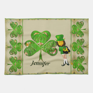Leprechaun Shamrocks Grey Kitchen Towel