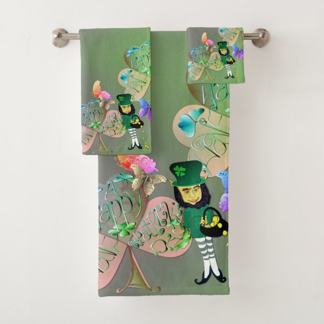 Leprechaun Shamrocks "Happy St. Patrick's" Bath Towel Set (Insitu)