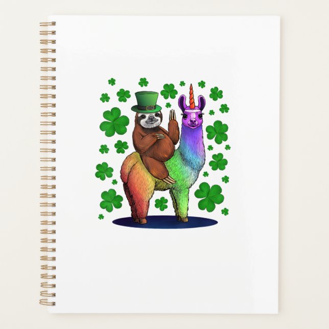Leprechaun Sloth Riding Llama Unicorn St Patricks  Planner (Front)